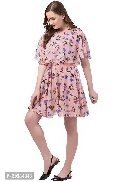 Artista Girl Womens Georgette Round Neck Fit  Flare Autumn Floral Print Dress (Peach)-thumb2