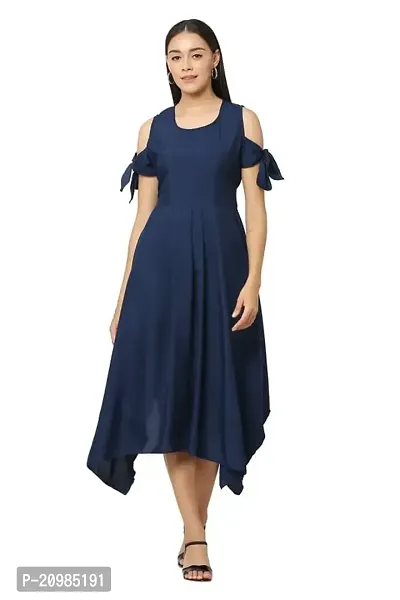 Artista Girl Womens Georgette Round Neck Fit  Flare Solid Print Dress (Navy Blue)