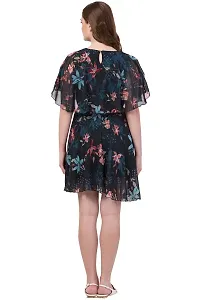 Artista Girl Womens Georgette Round Neck Fit  Flare Floral Print Dress (Blue)-thumb4