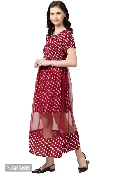 Artista Girl Womens Crepe Round Neck A-Line Polka Dot Print Dress (Maroon)-thumb3