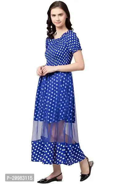 Artista Girl Womens Crepe Round Neck A-Line Polka Dot Print Dress (Royal Blue)