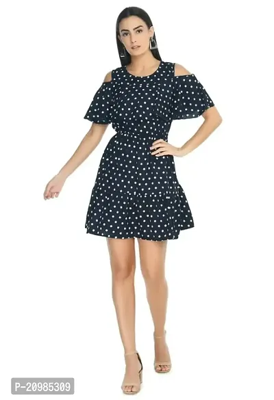 Artista Girl Womens Georgette Round Neck Fit  Flare Polka Dot Print Dress (Blue_ZFSKU-528)