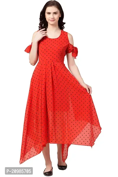 Artista Girl Womens Georgette Round Neck Fit  Flare Polka Dot Print Dress (Red_ZFSKU-241)
