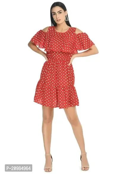 Artista Girl Womens Georgette Round Neck Fit  Flare Polka Dot Print Dress (Red_ZFSKU-526)