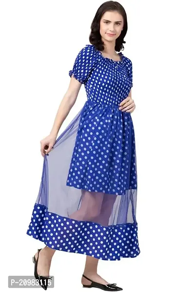 Artista Girl Womens Crepe Round Neck A-Line Polka Dot Print Dress (Royal Blue)-thumb3