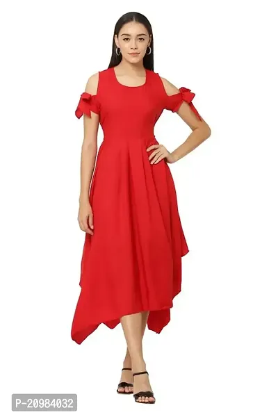 Artista Girl Womens Georgette Round Neck Fit  Flare Solid Print Dress (Red_ZFSKU-452)
