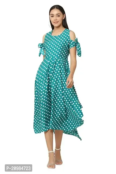 Artista Girl Womens Georgette Round Neck Fit  Flare Polka Dot Print Dress (Rama Green)