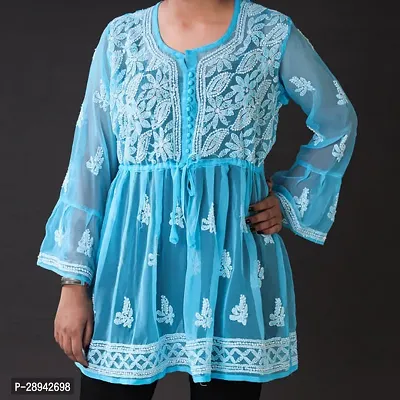 Stylish Blue Cotton Embroidered Top For Women-thumb0