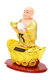 FengShui Laughing Buddha In Standing Pose with waving Neck and Hand on Solar- Feng Shui Vastu for Office Home for Home Decor Wealth and Good luck( 13 x 8 x 14 cm,Golden)-thumb2