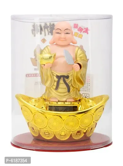 FengShui Laughing Buddha In Standing Pose with waving Neck and Hand on Solar- Feng Shui Vastu for Office Home for Home Decor Wealth and Good luck( 13 x 8 x 14 cm,Golden)-thumb5