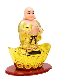 FengShui Laughing Buddha In Standing Pose with waving Neck and Hand on Solar- Feng Shui Vastu for Office Home for Home Decor Wealth and Good luck( 13 x 8 x 14 cm,Golden)-thumb1