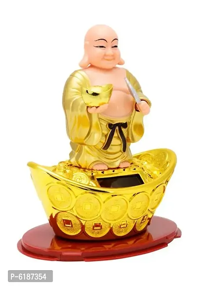 FengShui Laughing Buddha In Standing Pose with waving Neck and Hand on Solar- Feng Shui Vastu for Office Home for Home Decor Wealth and Good luck( 13 x 8 x 14 cm,Golden)-thumb2