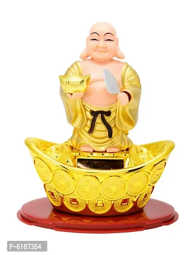 FengShui Laughing Buddha In Standing Pose with waving Neck and Hand on Solar- Feng Shui Vastu for Office Home for Home Decor Wealth and Good luck( 13 x 8 x 14 cm,Golden)-thumb0