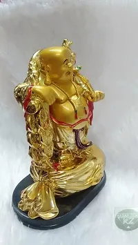 Golden Laughing Buddha on Sack of Gold for good luck Decorative Showpiece ( 14 x 9 x 18 cm, Gold)-thumb1