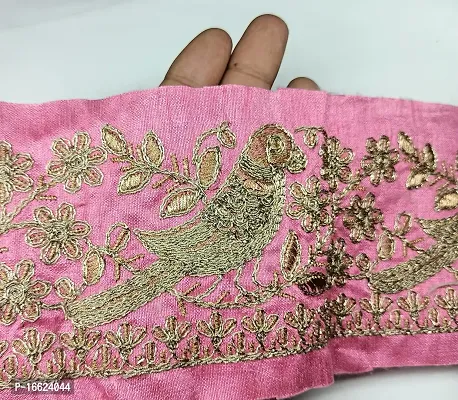 Designerbox Pink Colour Lace with Bird Design Golden Threads Embroidery Work Border for Bridal Dress, Gown, Dupatta, Sarees, Wedding Outfits (Pack of 4.5 Meter) Width : 4.1 Inch-thumb2