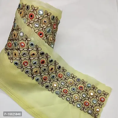 Designerbox Lemon Yellow Georgette , Chawltaka Cross Stitch lace with miror Work Threads Embroidery lace Border for Bridal Dress, Gown, Dupatta, Sarees, Wedding ( Pack of 2.95 Meter) Width : 5 cm-thumb0