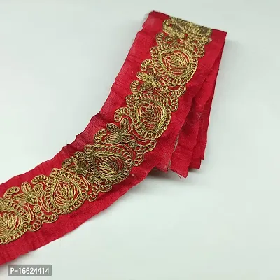 Designerbox Red Colour Lace with Golden Dori Threads Drop Design Embroidery Work Border for Bridal Dress, Gown, Dupatta, Sarees, Wedding Outfits ( Pack of 4.5 Meter) Size : 7cm-thumb2