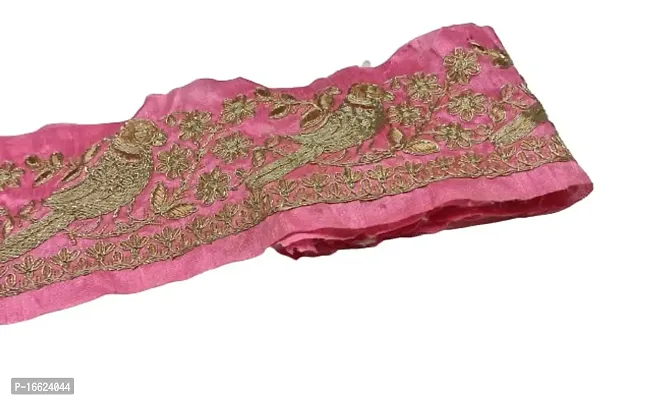 Designerbox Pink Colour Lace with Bird Design Golden Threads Embroidery Work Border for Bridal Dress, Gown, Dupatta, Sarees, Wedding Outfits (Pack of 4.5 Meter) Width : 4.1 Inch-thumb0