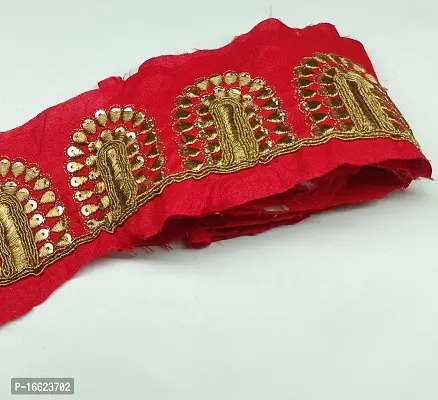 Designerbox Red Colour Lace with Golden Threads with Tikli Embroidery Work Border for uses Bridal Dress, Gown, Dupatta, Sarees, Wedding Outfits (Pack of 4.5 Meter) Size : 7.5cm-thumb3