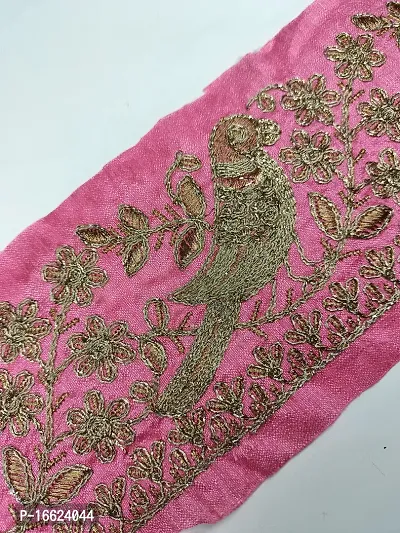 Designerbox Pink Colour Lace with Bird Design Golden Threads Embroidery Work Border for Bridal Dress, Gown, Dupatta, Sarees, Wedding Outfits (Pack of 4.5 Meter) Width : 4.1 Inch-thumb3