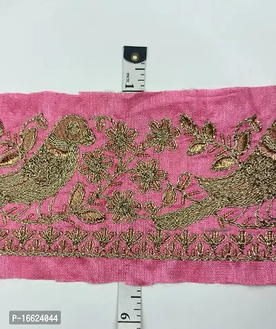 Designerbox Pink Colour Lace with Bird Design Golden Threads Embroidery Work Border for Bridal Dress, Gown, Dupatta, Sarees, Wedding Outfits (Pack of 4.5 Meter) Width : 4.1 Inch-thumb5