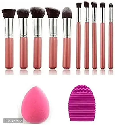 KYLIE Fiber Bristle Makeup Brush Kit With Blender Sponge and Brush Cleaner- Pink, Silver, 10 Pcs-thumb0