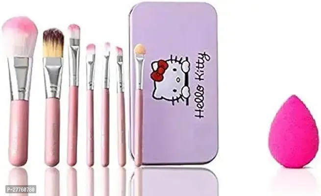 Squared Makeup Brush Set of 7 with hello kitty print Box Pink and makeup blender puff-thumb0