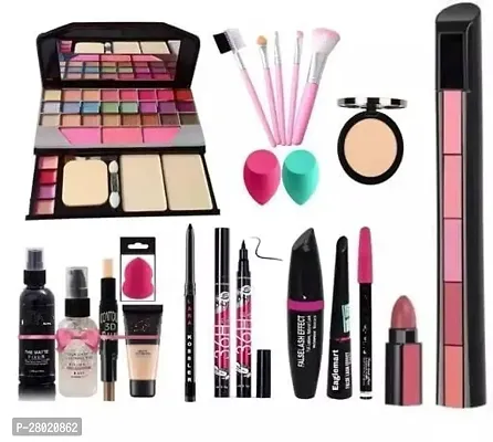 makeup kit 5 Pink Brush Compact powder Primer Fixer Foundation 5 in 1 Lipstick 3 Beauty Blender 3 in 1 Mascarra Kajal Contour stick (36 h pack of 2)-thumb0