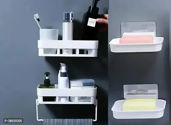 4 Pcs Shelf Brush Stand Soap Stand Plastic Wall Shelf 2 Bathroom Shelves And 2 Soap Dish Holder And 1 Towel Hanger White