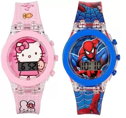 Emartos Spiderman and Hello Kitty Glowing Light Digital Watches Combo for Kids (Multicolour) Pack of 2