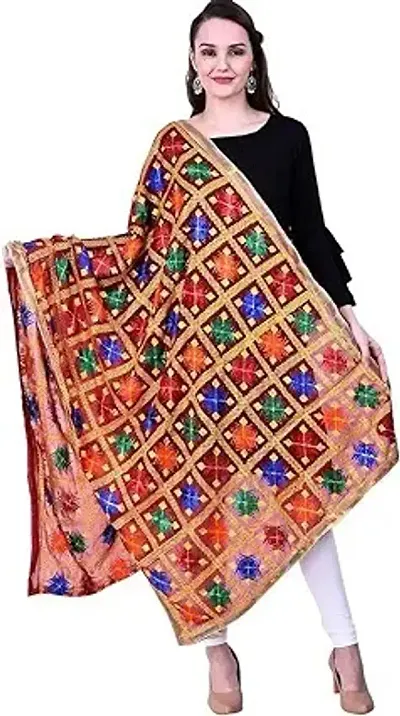 SWI WITH LABEL Women's Embroidered Phulkari Chiffon Dupatta