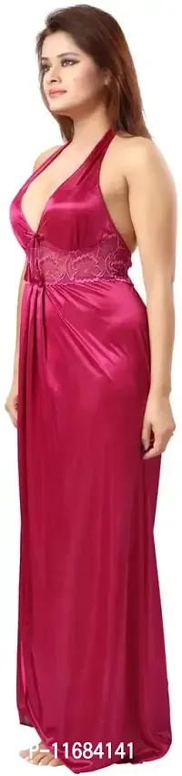 Soku Shopee Women's Satin Embroidered Maxi Night Gown Free Size Pink-thumb5