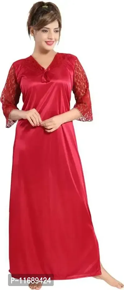 Soku Shopee Ladies Satin Solid Maxi Night Gown Free Size Red