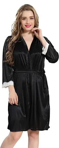 Soku Shopee Women's Net Solid Knee Length Babydoll Robe Black-thumb3