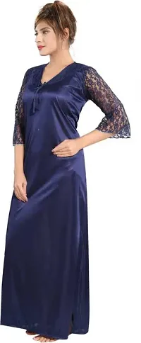 Soku Shopee Women's Satin Embroidered Maxi Night Gown Free Size Blue-thumb1