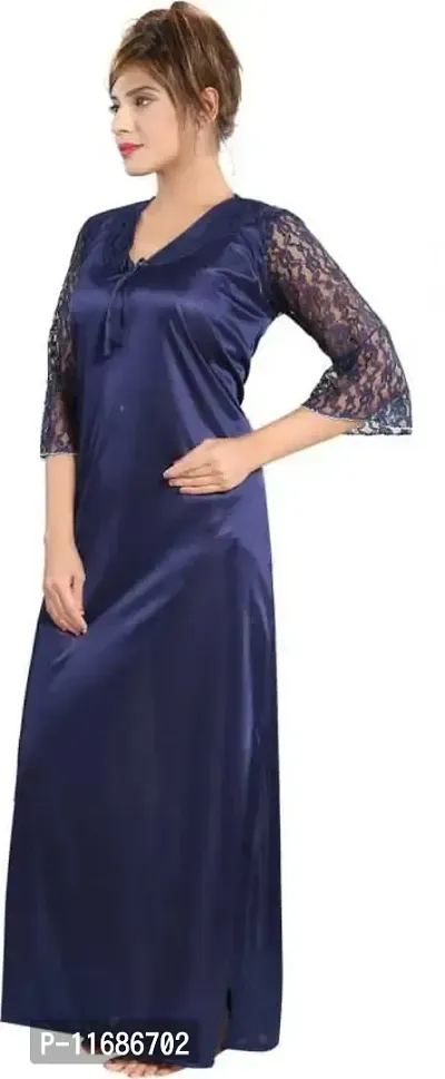 Soku Shopee Women's Satin Embroidered Maxi Night Gown Free Size Blue-thumb2