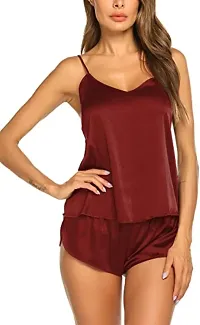 Soku Shopee Women Top Short Solid Knee Length Babydoll Night Suit Maroon-thumb1