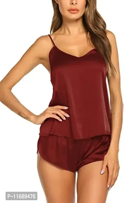 Soku Shopee Women Top Short Solid Knee Length Babydoll Night Suit Maroon-thumb2