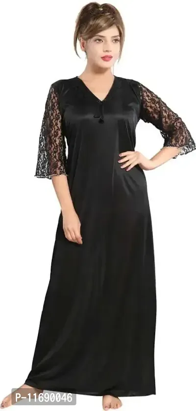 Soku Shopee Women's Satin Embroidered Maxi Night Gown Free Size Black