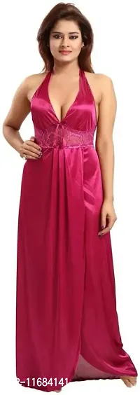 Soku Shopee Women's Satin Embroidered Maxi Night Gown Free Size Pink-thumb0