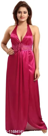 Soku Shopee Women's Satin Embroidered Maxi Night Gown Free Size Pink