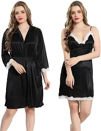 Soku Shopee Women's Net Solid Knee Length Babydoll Robe Black-thumb1