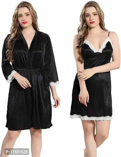 Soku Shopee Women's Net Solid Knee Length Babydoll Robe Black-thumb2