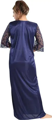 Soku Shopee Women's Satin Embroidered Maxi Night Gown Free Size Blue-thumb2