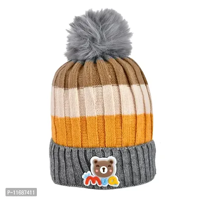 Soku Shopee Kids Baby boy Girl Unisex Warm Winter Woolen Multicoloured Lining Beanie Cap/hat for Children (2-6 Years) Grey