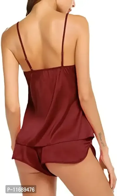 Soku Shopee Women Top Short Solid Knee Length Babydoll Night Suit Maroon-thumb5