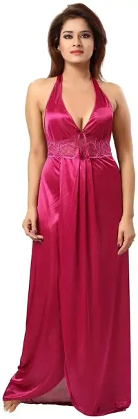 Soku Shopee Women's Satin Embroidered Maxi Night Gown Free Size Pink-thumb2