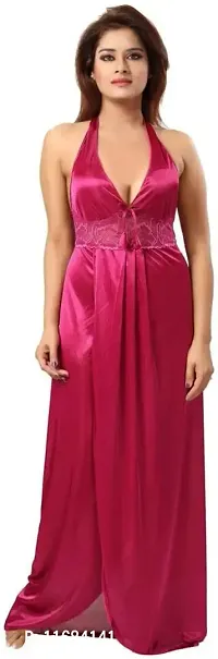 Soku Shopee Women's Satin Embroidered Maxi Night Gown Free Size Pink-thumb3