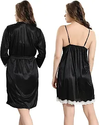 Soku Shopee Women's Net Solid Knee Length Babydoll Robe Black-thumb2