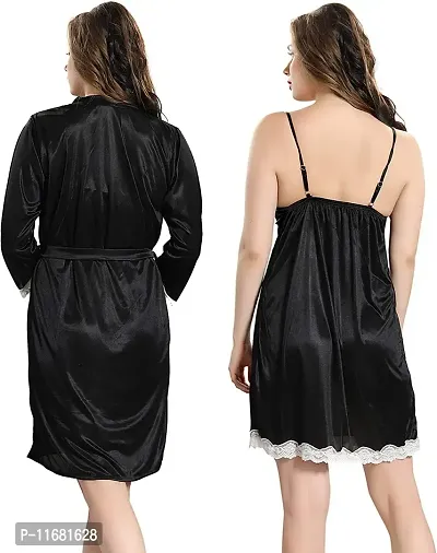 Soku Shopee Women's Net Solid Knee Length Babydoll Robe Black-thumb3